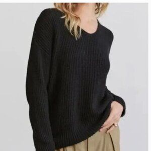 Jenni Kayne V-Neck Cotton Cabin Sweater Black XXS Relaxed Fit